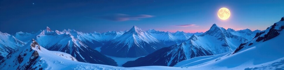 Obraz premium Snow capped mountains under a serene lunar glow, snow, serene
