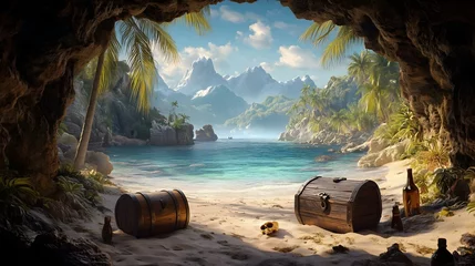 Gardinen Beautiful hidden bay with sandy beach with pirate treasures surrounded mountains and palms © Letyi