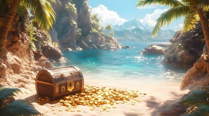 Fototapeta premium Beautiful hidden bay with sandy beach with pirate treasures surrounded mountains and palms