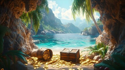 Naklejka premium Beautiful hidden bay with sandy beach with pirate treasures surrounded mountains and palms