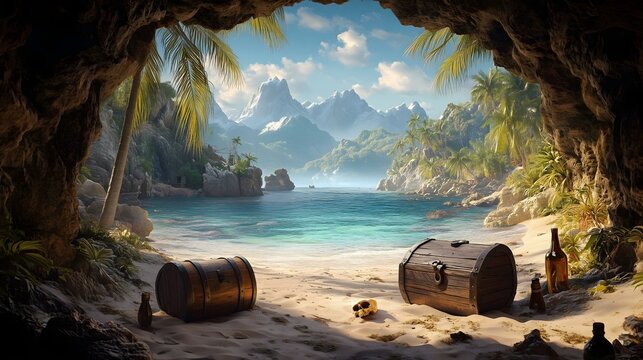 Beautiful hidden bay with sandy beach with pirate treasures surrounded mountains and palms
