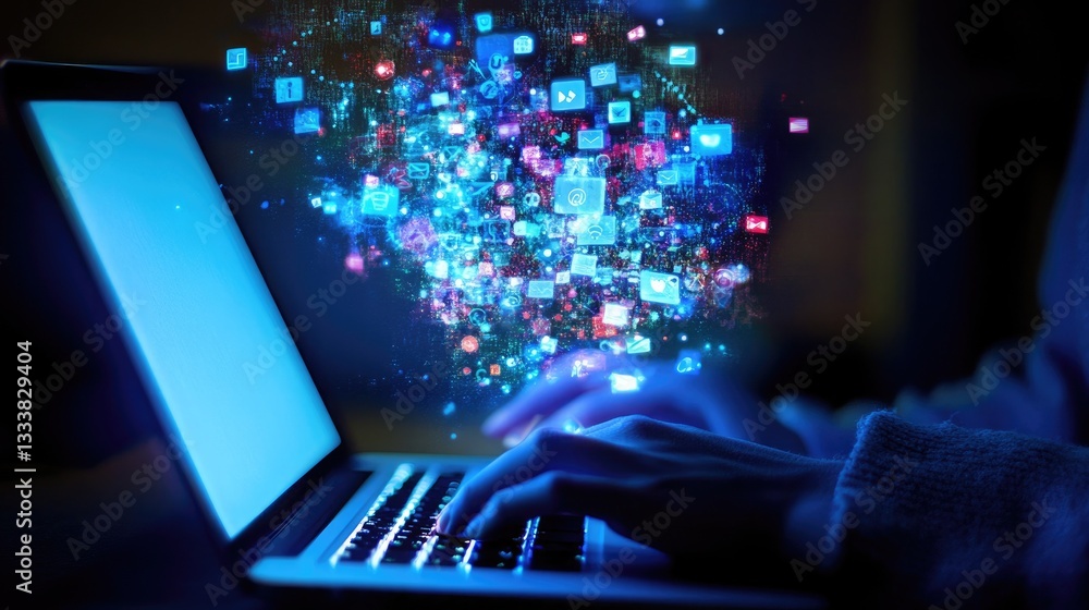 Poster person using laptop computer with glowing social media icons emanating from the keyboard