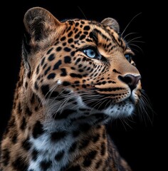 Obraz premium Majestic Leopard Against Dark Background Showcasing Beautiful Spots, Expressive Eyes, and Detailed Fur Texture Offering a Striking Wildlife Portrait