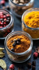 Vibrant Aromatic Spices in Glass Jars, Close Up