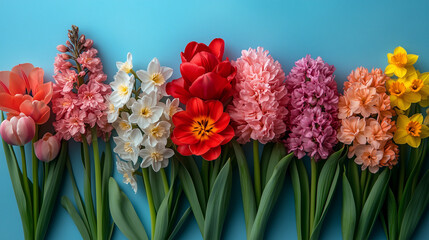 Fototapeta premium Spring Flower Flat Lay on Pastel Blue Background 