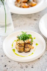 A gourmet dish featuring rolled eggplant filled with herbs and topped with crunchy elements, garnished with microgreens and drizzled with vibrant green oil on a minimalist plate.