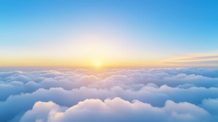 A serene view of the sun rising above fluffy clouds, illuminating the clear blue sky with a warm and peaceful glow.