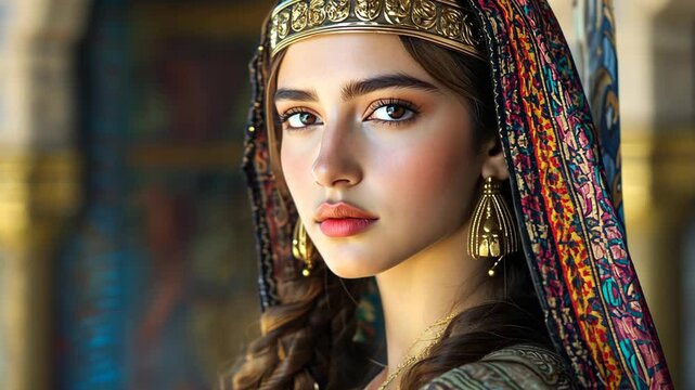 ancient Israeli woman at old time, beautiful girl wearing luxurious dress at castle, idea for resemble Ester in bible story