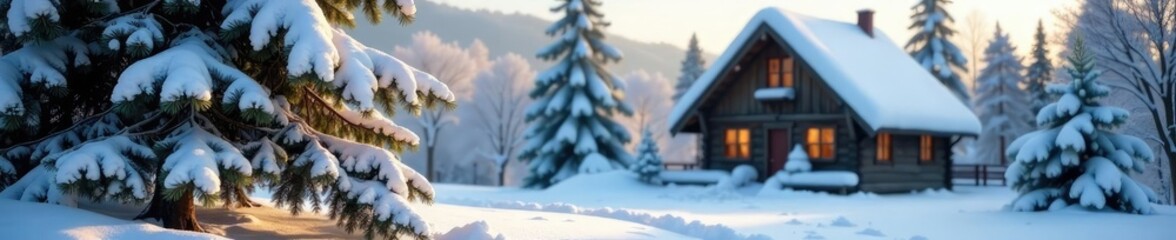 Fototapeta premium Snow covered fir tree in front of a cozy cottage background, cottage, snow, peaceful