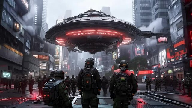 In a bustling city, onlookers are transfixed as an enormous spacecraft floats ominously overhead, casting shadows on the streets below. Excitement and apprehension fill the air.