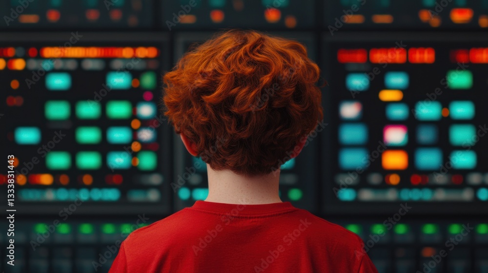 Poster Back View of a Caucasian Man Engaged with 3D Cyber Environment