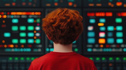 Back View of a Caucasian Man Engaged with 3D Cyber Environment