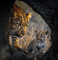 Obraz premium Majestic Leopard and Playful Cub Peek through a Tree Hollow in Golden Grassland During Sunrise, Capturing the Bond between Mother and Young One