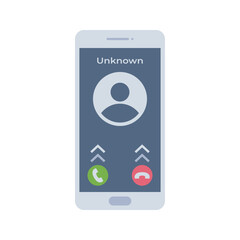 Incoming Call Flat design style, smartphone screen with an unknown caller ID, representing phone calls, useful for mobile communication designs, security themes, and telecom projects.