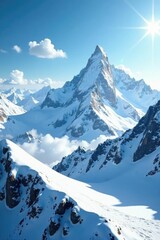 Obraz premium Snow covered mountain peaks glisten under bright sky, clouds, snowy, landscape