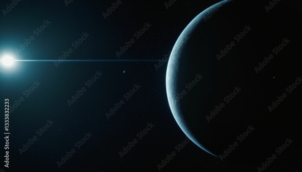 Sticker spherical planet with a subtle blue atmospheric glow is partially illuminated by a bright, distant s
