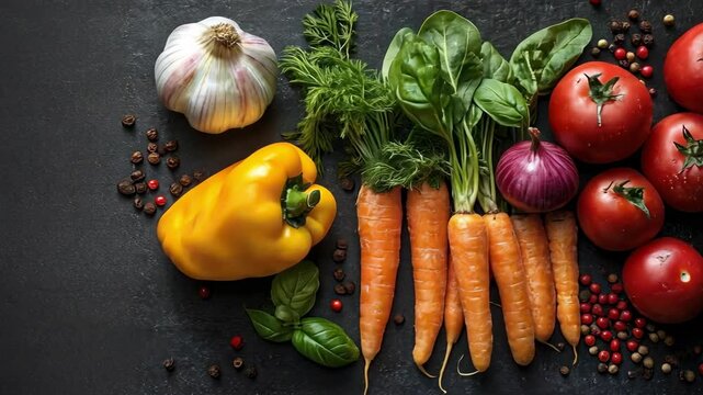 Vibrant Fresh Vegetables: A Colorful Still Life of Carrots, Tomatoes, Peppers, and More