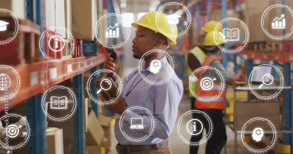 Poster using handheld devices with animation overlay, warehouse workers managing inventory
