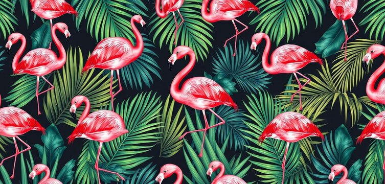 Seamless hand-painted pink flamingo & tropical palm leaf pattern , calming, abstract