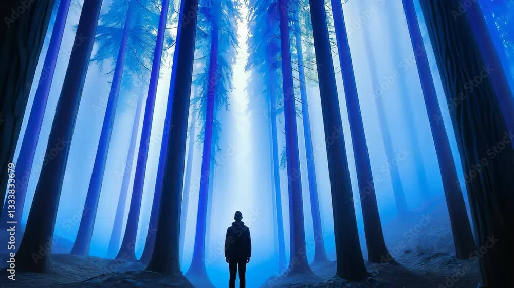 Poster mystical forest with blue hued trees serene and ethereal atmosphere with light filtering through can