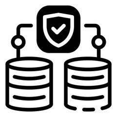 Data Security: Data security, a shield icon, is a central theme in this illustration, accompanied by interconnected servers to represent the flow of data. Database security icon