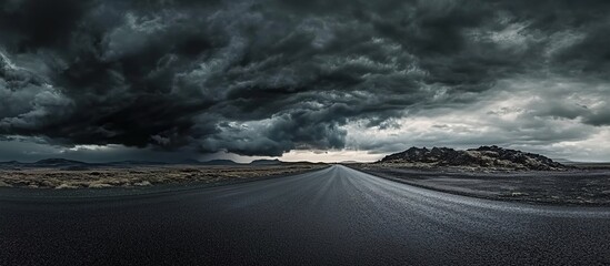  Black clouds hover over the empty road, offering a panoramic view of an ominous storm approaching in the distance. 