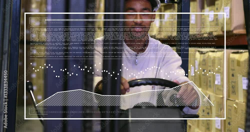 Poster operating forklift in warehouse, worker with data processing animation overlay
