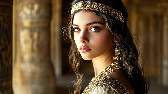  ancient Israeli woman at old time, beautiful girl wearing luxurious dress at castle, idea for resemble Ester in bible story