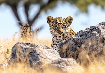 Fototapeta premium Majestic Leopard Camouflaged in Natural Habitat Surrounded by Rocks and Tall Grass in a Sunlit Savannah Landscape