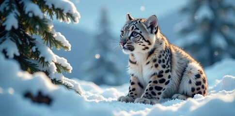 Fototapeta premium Snow leopard cub touches frosty Christmas tree, snowy mountains, forest