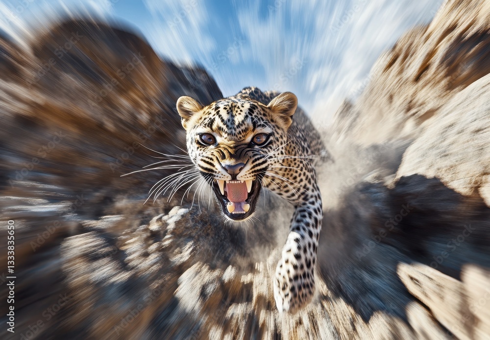Poster majestic leopard charging forward with intensity in a rocky landscape showcasing dynamic movement an