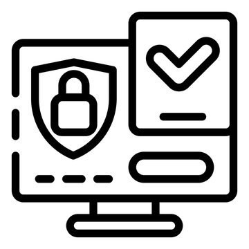 Digital Security Shield: A stylized illustration depicts a computer screen displaying a shield with a lock, symbolizing security, alongside a checkmark, representing approval or validation.