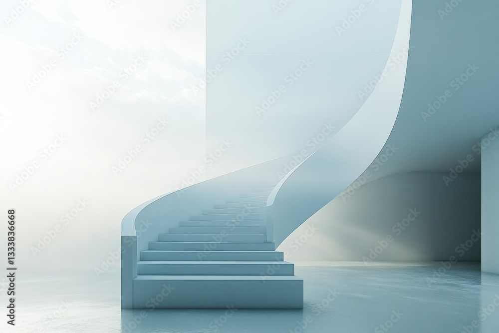 Poster modern minimalist staircase in bright open space with soft mist and seamless design elements