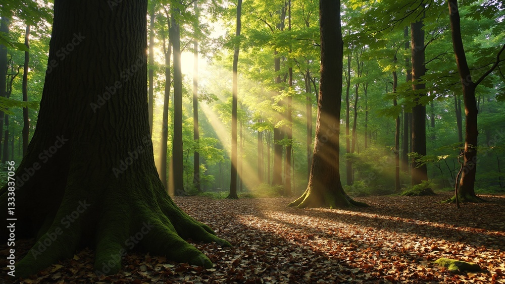 Poster a mesmerizing view of a thick woodland, where sunlight seeps through foliage, creating speckled patt