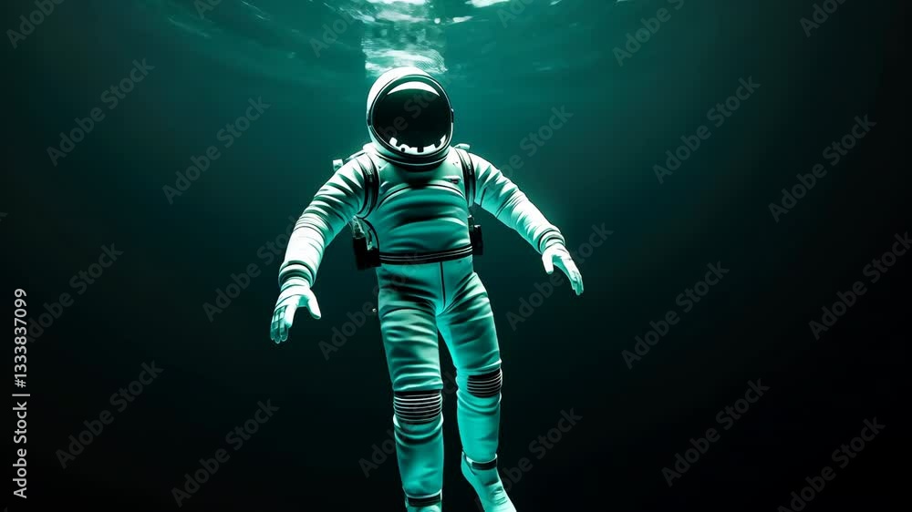 Aufkleber astronaut in spacesuit floating underwater serene and mysterious exploration illuminated by soft lig