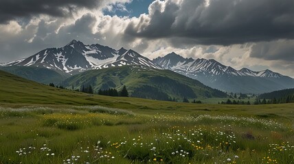 Obraz premium Serene Mountain Meadow Under A Dramatic Sky, Wildflowers Blooming Peacefully Amidst Majestic Snow-capped Peaks