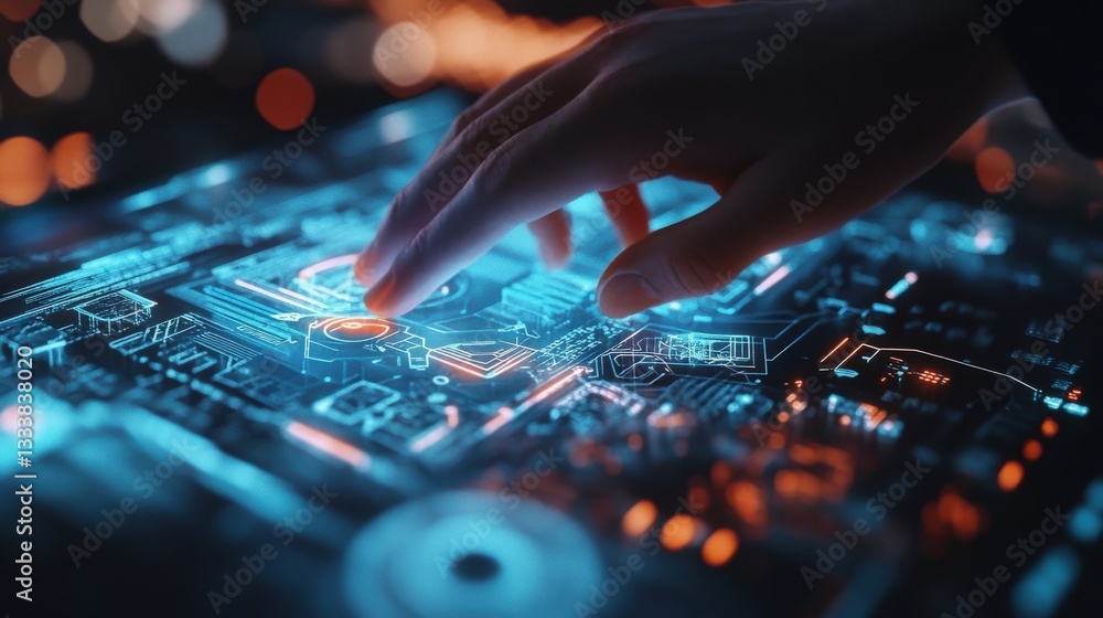 Aufkleber human hand interacts with digital data on illuminated display surface