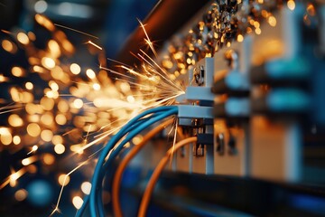 Fototapeta premium Electrical circuit failure, sparks flying from overloaded wiring, short circuit hazard in industrial panel