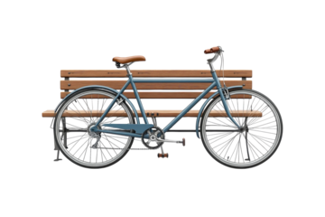 A Tranquil Blue Bicycle Resting Against A Warm Wooden Park Bench, Evoking A Peaceful Summer Afternoon Isolated on Transparent Background