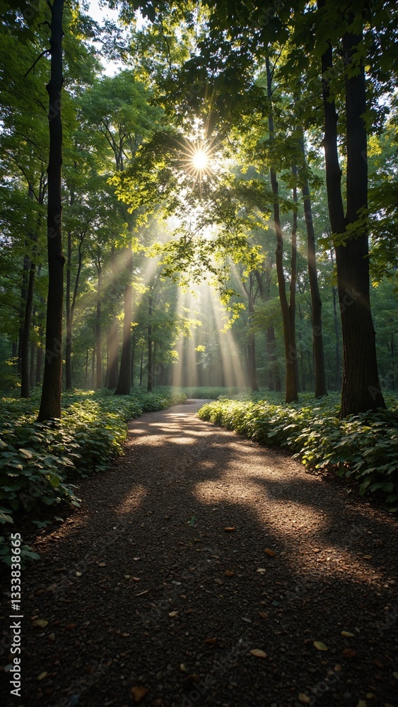 Poster a mesmerizing view of a thick woodland, where sunlight seeps through foliage, creating speckled patt