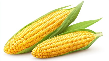 Two fresh ears of corn displayed with green leafy husks