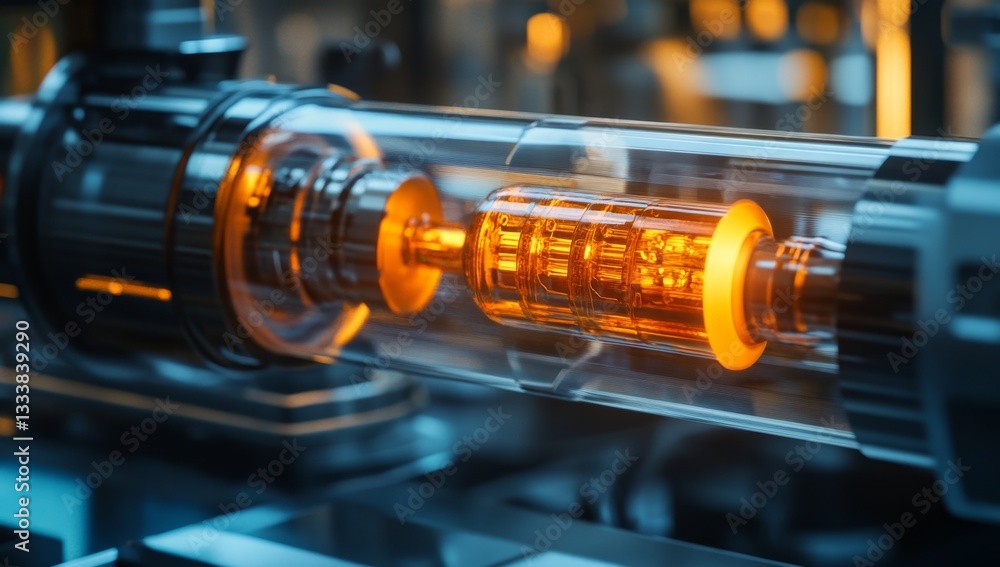 Poster high-tech internal machinery with glowing components. clear casing reveals intricate internal mechan