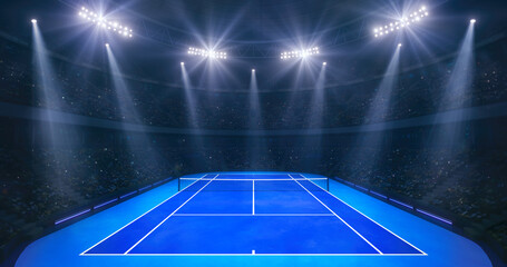 Glorious tennis blue court ready for epic match in a sports stadium full of thrilled fans, professional tennis sports background for advertisement.