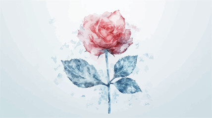 The image presents a stylized rose depicted in a watercolor-like style. The rose is predominantly red/pink, while its leaves and stem are rendered in shades of blue.  The petals and leaves appear