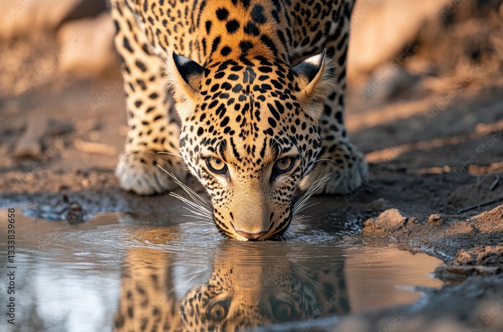 Poster majestic leopard crouching by a water source, capturing reflection and showcasing striking coat patt