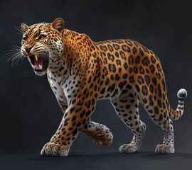 Majestic Leopard Displaying Fierce Expression while Walking Gracefully in a Dimly Lit Environment Captivating Wildlife Photography