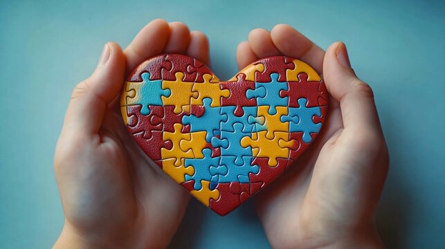 A heart-shaped puzzle held by hands, symbolizing support and hope. Ideal for World Autism Awareness Day and related campaigns promoting understanding.