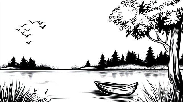 Vector image of lake landscape, trees and boats, clean white background, black and white, simple thick lines, no shadows, simple image, perfect image, toretto, generate AI