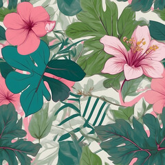 Seamless pattern of flowers and leaves.