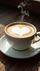 Steaming milk froth forms heart shape on cup surface, white saucer, rustic ceramic